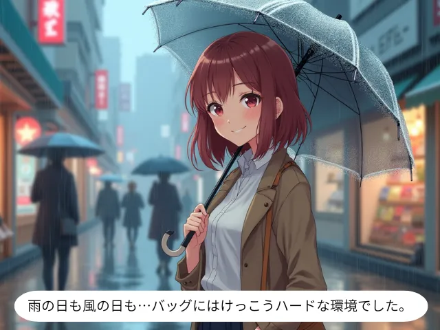 雨の日も風の日も…バッグにはけっこうハードな環境でした。