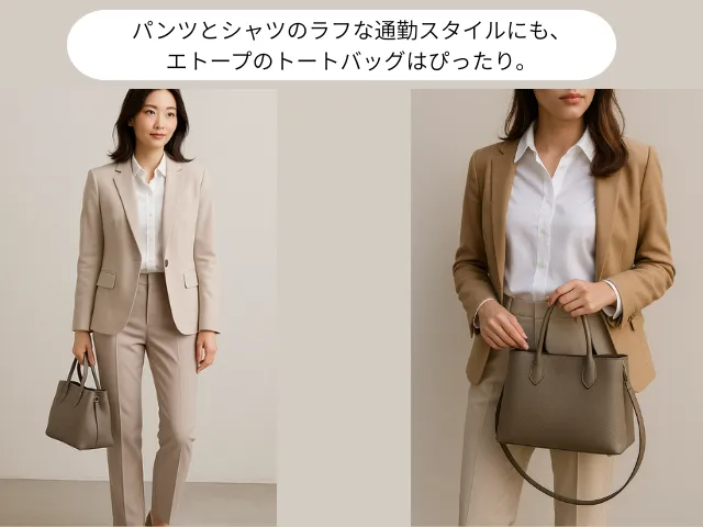 パンツとシャツのラフな通勤スタイルにも、エトープのトートバッグはぴったり。