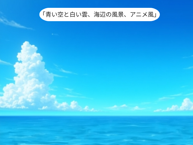 「青い空と白い雲、海辺の風景、アニメ風」