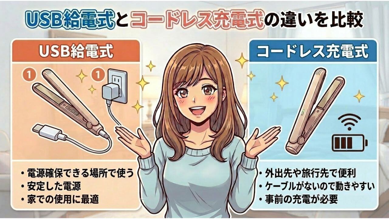 USB給電式とコードレス充電式の違いを比較