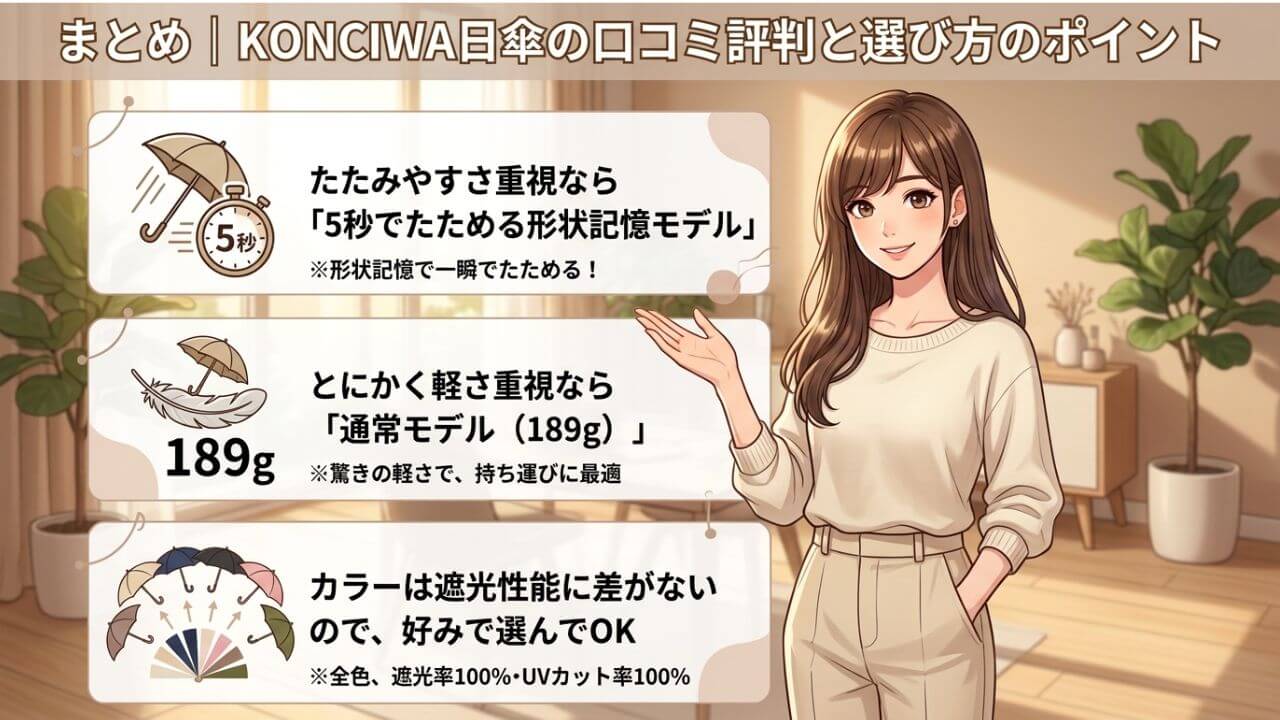 まとめ｜KONCIWA日傘の口コミ評判と選び方のポイント 