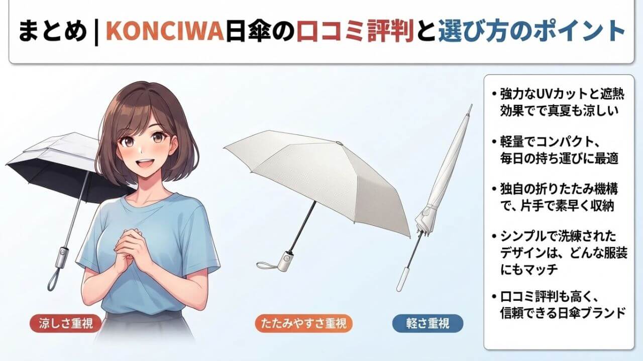 まとめ｜KONCIWA日傘の口コミ評判と選び方のポイント