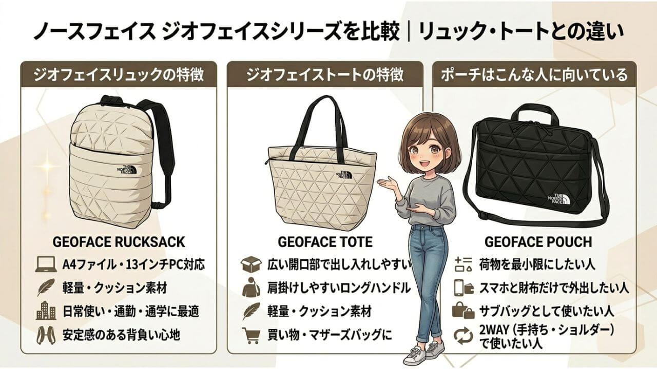 ノースフェイス ジオフェイスシリーズを比較｜リュック・トートとの違い 