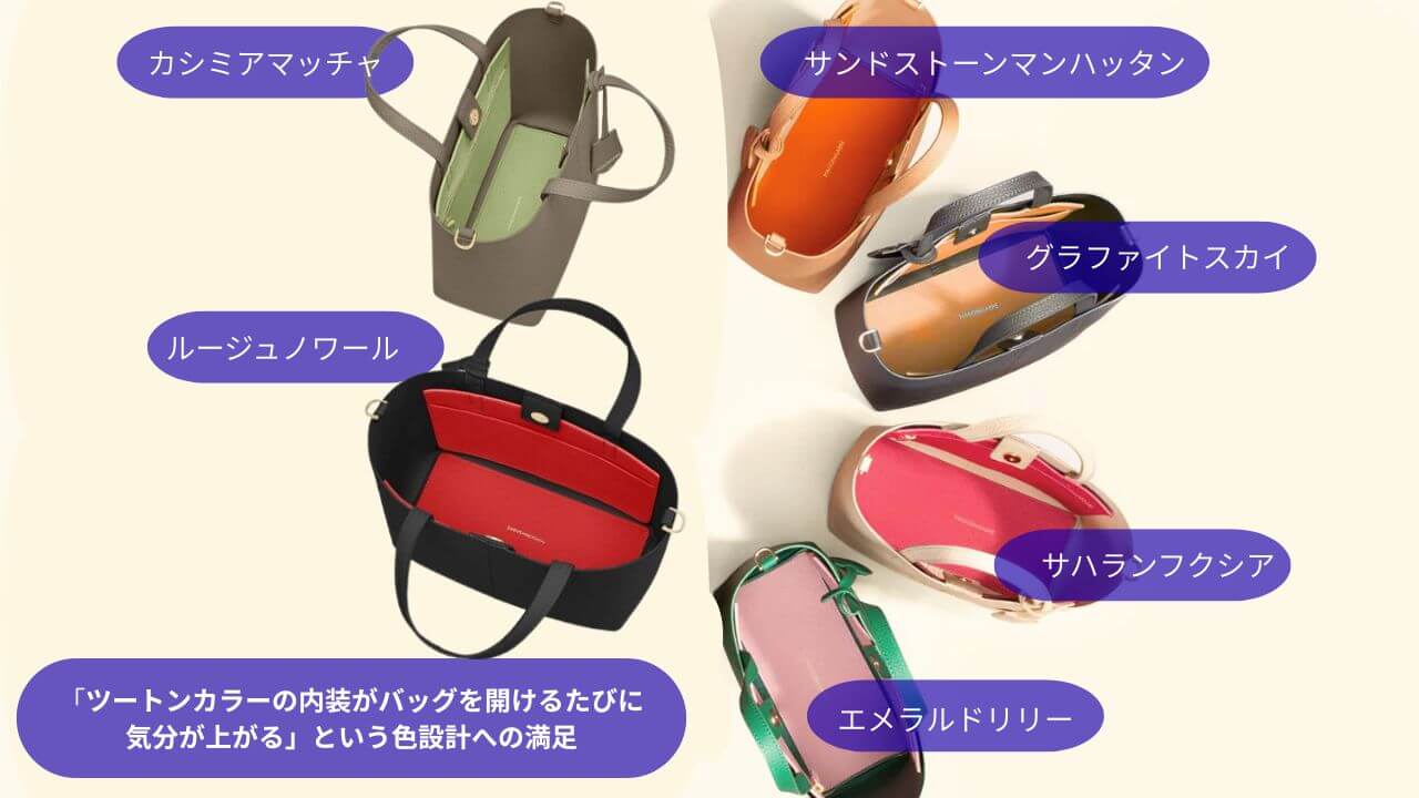 「ツートンカラーの内装がバッグを開けるたびに気分が上がる」 という色設計への満足