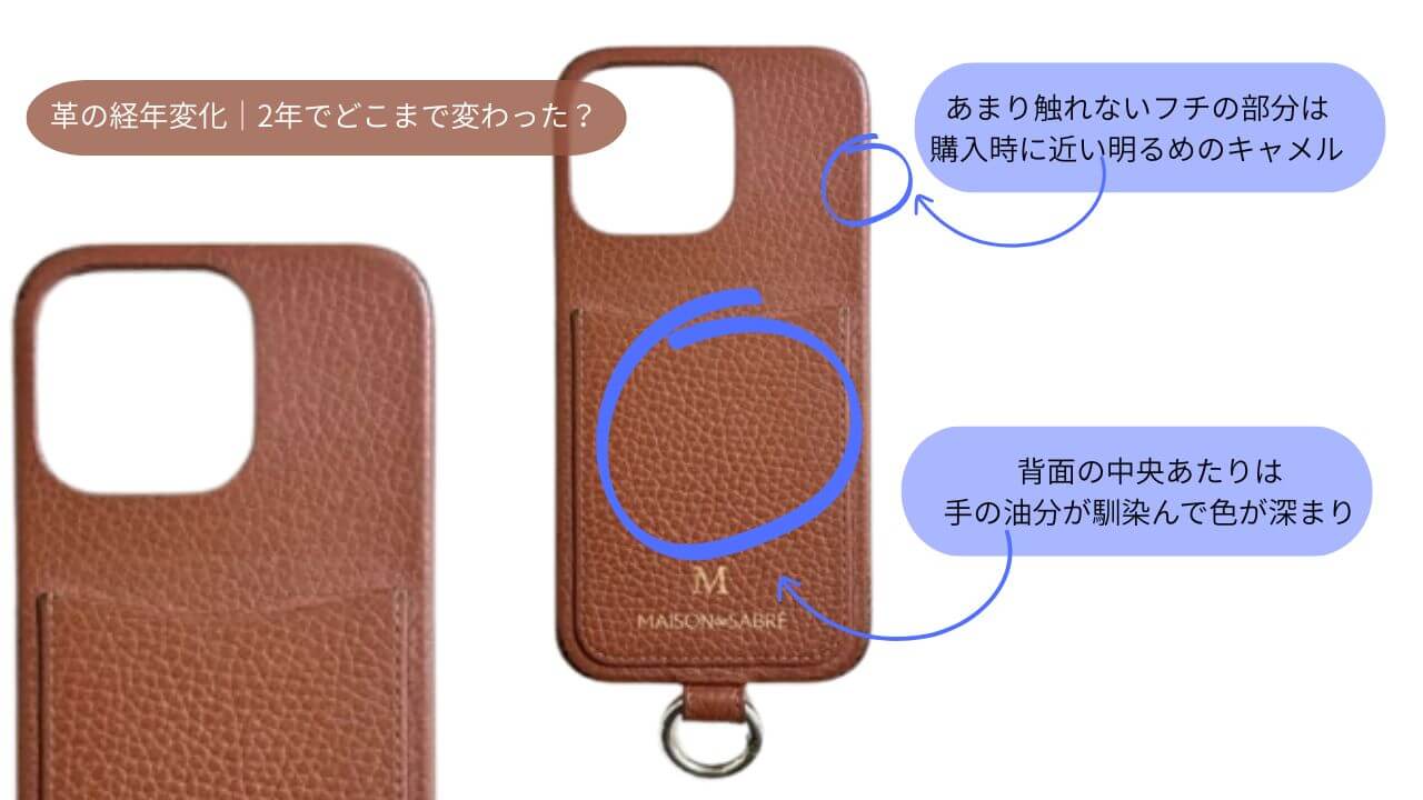 メゾンドサブレのiPhoneケースの2年後の革の状態の画像