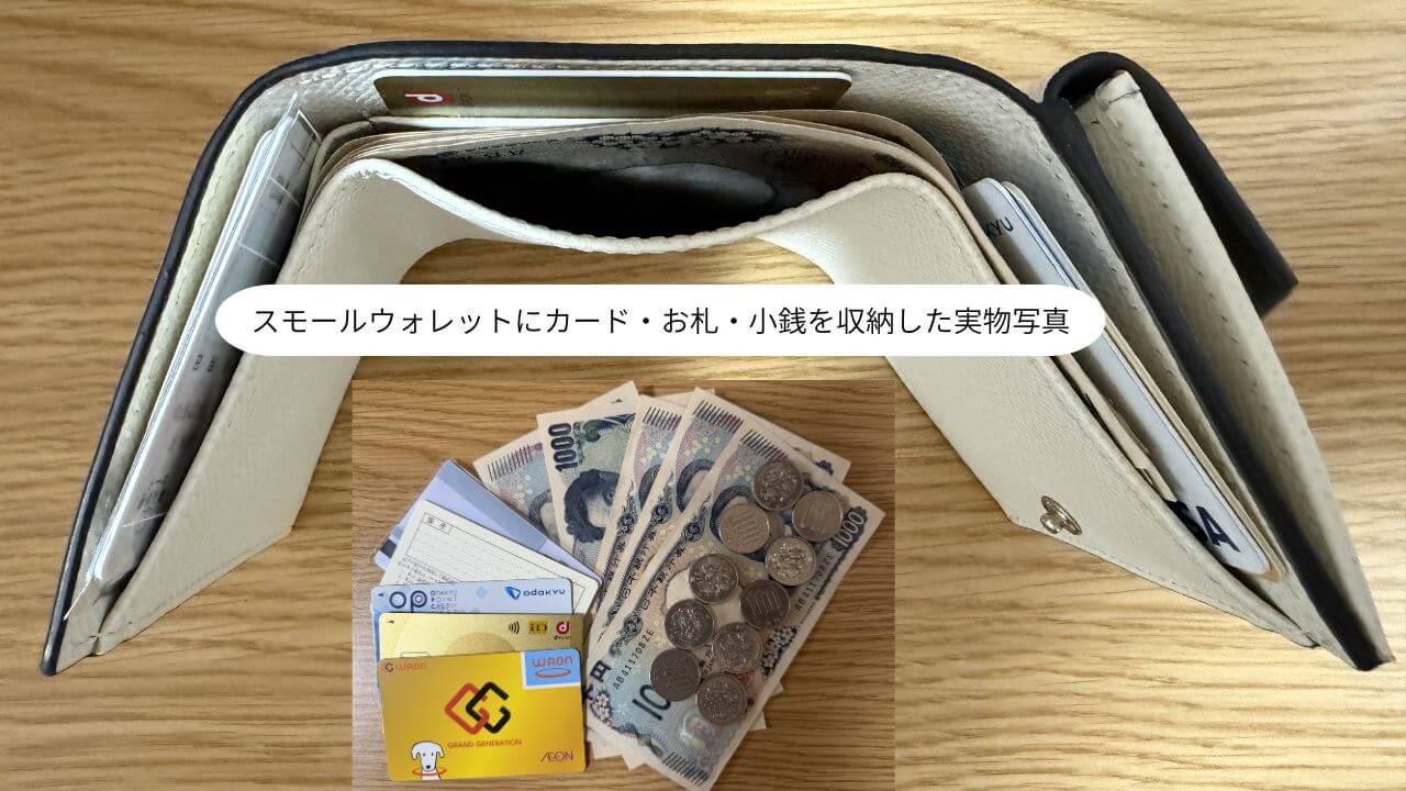スモールウォレットにカード・お札・小銭を収納した実物写真 