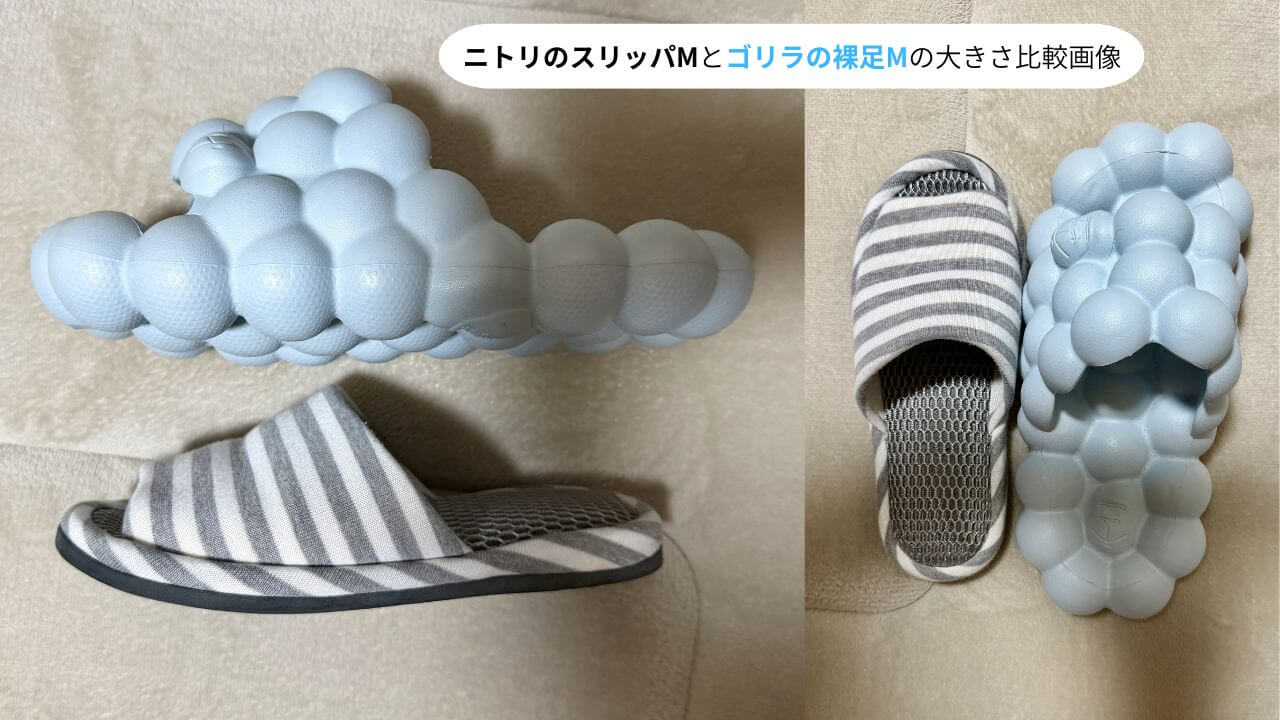 ニトリのスリッパMとゴリラの裸足Mの大きさ比較画像
